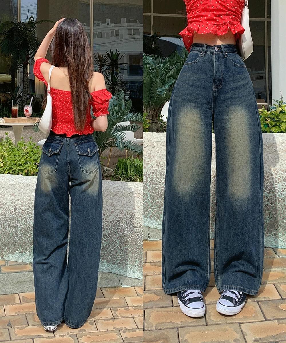 *Kaxnabaji* Faded high waist wide denim pants back pocket Loose-fit overfit jeans cotton pants daily look college look white light blue medium Light Blue Blue dark Dark Blue SML XL