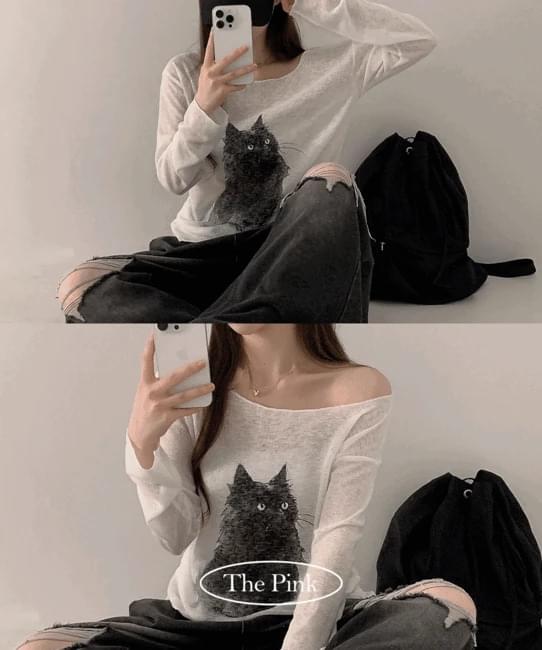 Rookin Off-Shoulder See-Through Cat Print Summer Knitwear