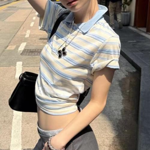 Tinkerbell Stripe Collar Short Sleeve T-Shirt