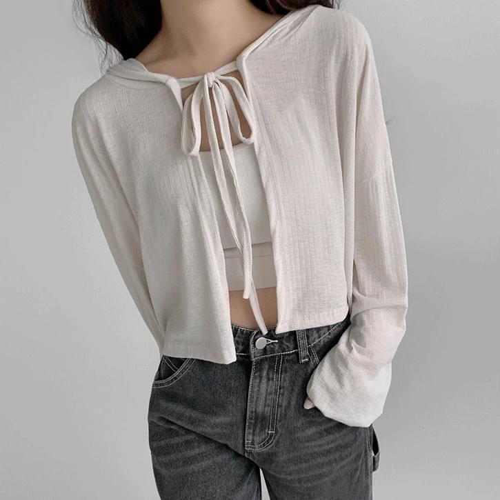 Long Ribbon Strap 6 Cropped Hooded Bolero Cardigan