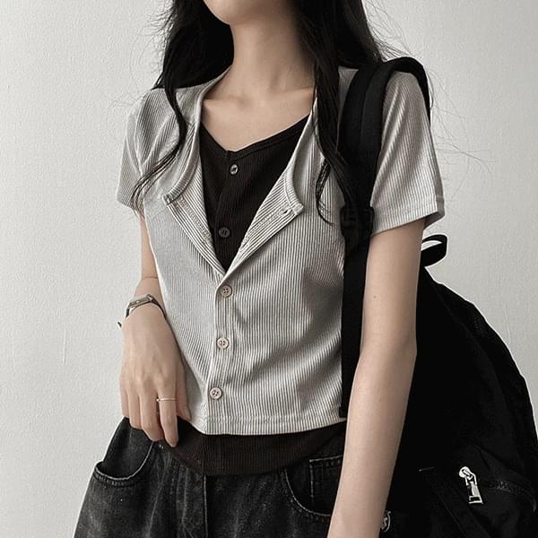 어킨 스판 골지 배색 레이어드 단추 가디건 반팔티 (4color)