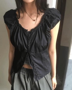 Serna Pintuck Button Short Sleeve Blouse