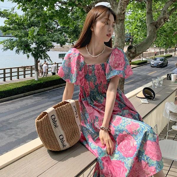 Romance rose pattern short sleeve long Dress