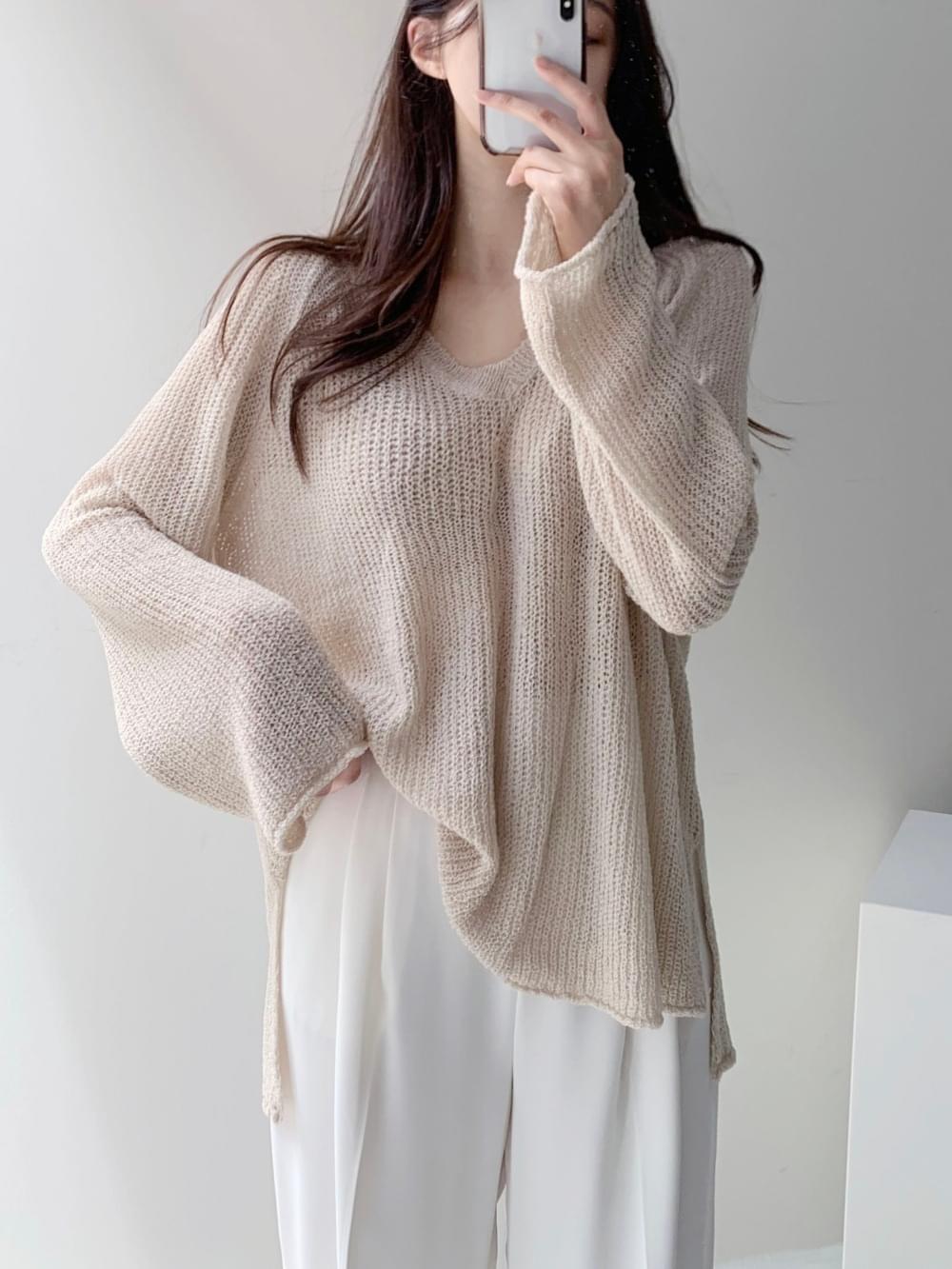 보호본능 자극 여리핏 딥브이넥 루즈핏 그물 니트 브라운 소라 베이지 브릭 카키 연두 블랙 화이트