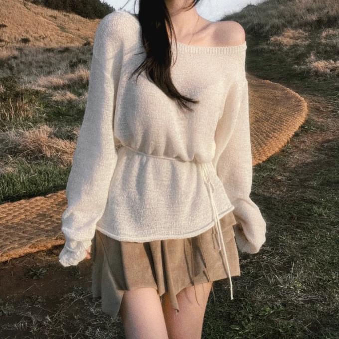 Seren Summer Loose-fit Boat Neck Off Shoulder Strap Knitwear -5 Colors