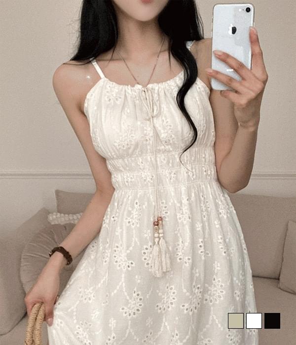펀칭 보헤미안 셔링 레이스 뷔스티에 나시 롱 원피스