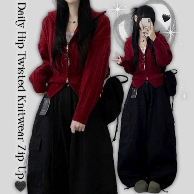 Yogurt Twisted High Neck Collar Knitwear Cardigan