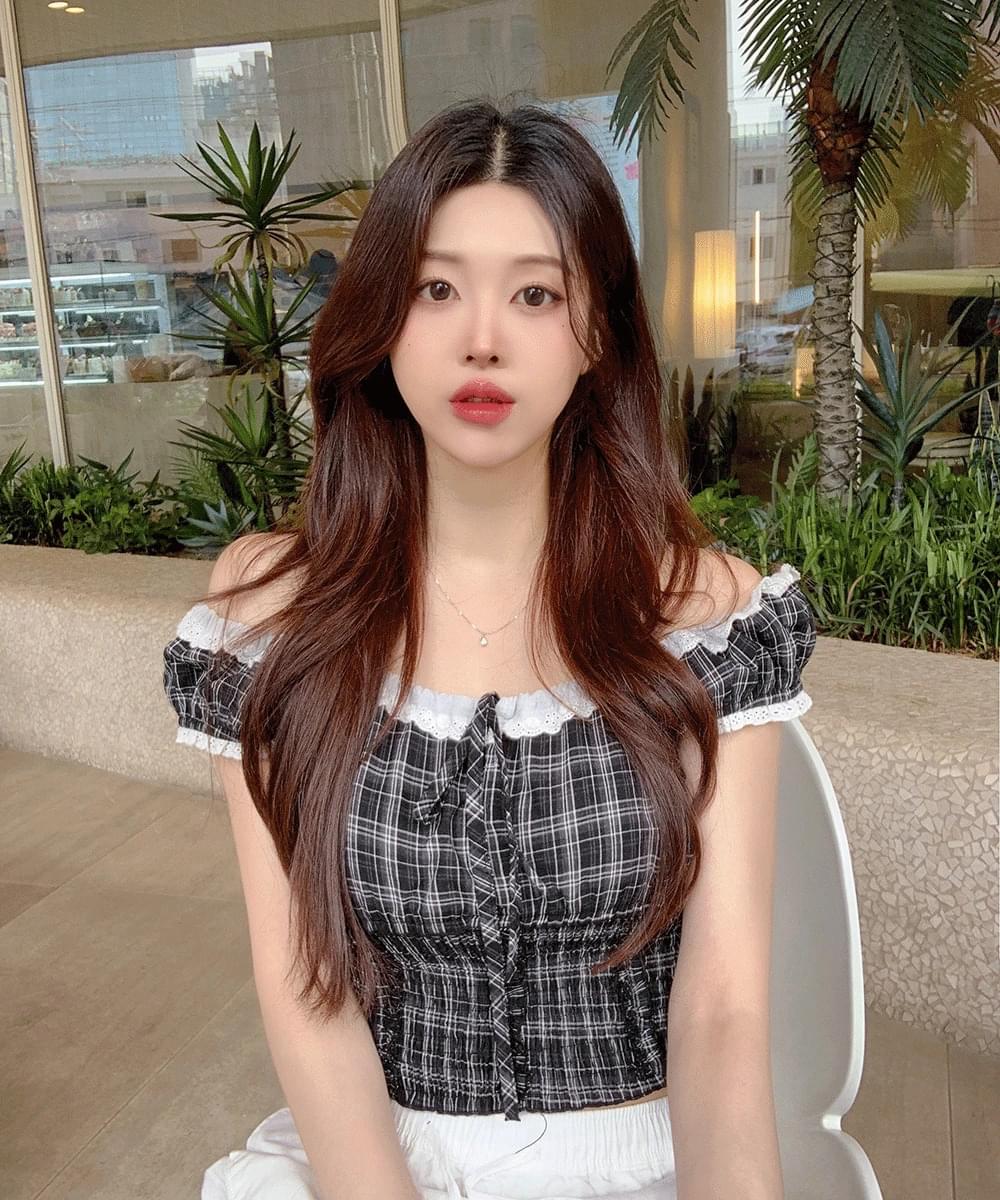 2way lace ribbon strap check crop blouse smoke band puff sleeve short sleeve