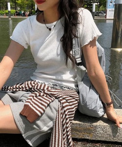 Lazy punching lace frill summer short sleeve t-shirt 3 color