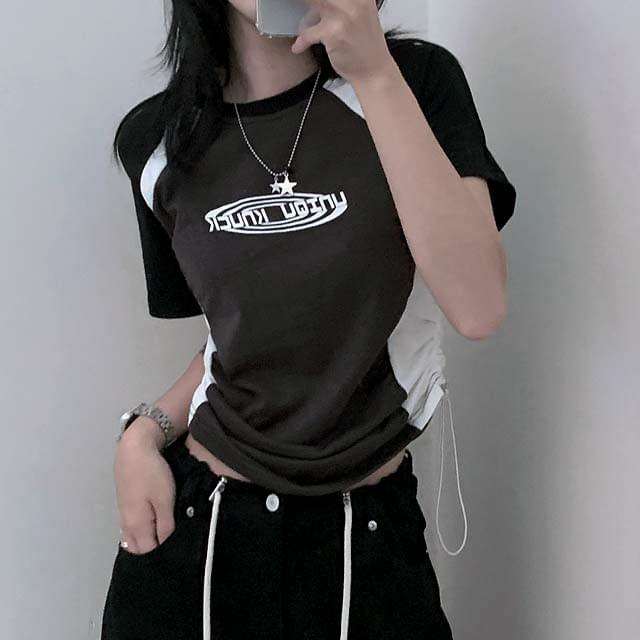Uniq color matching string crop short sleeve tee