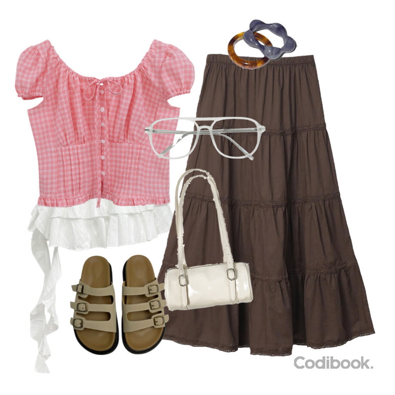 kim9hope 나인 호마이카 링,AAKE LOCAL GLASSES (clear / black(clear)),Cozy&Kitsch 앤디 프릴 벨트 스커트등을 매치한 코디