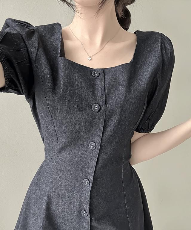 デニムパフスクエアネックボタンワンピース
