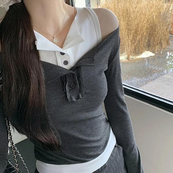 Allen fake button shoulder slit long sleeve t-shirt