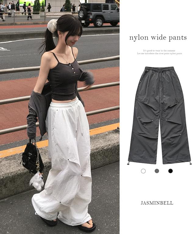 Mio rustling nylon rivet pin tuck string banding wide long two-way jogger pants pants back pocket training summer pants body correction Harvey recommendation big size vacation/travel/rainy season