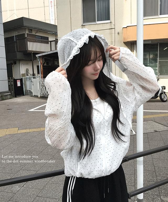 Shua Overfit See-through Dot Frill String Hood Windbreaker Jacket Jacket Zip-up Summer Outerwear Rainy Season Look Layered Item Vacation/Travel/Vacation