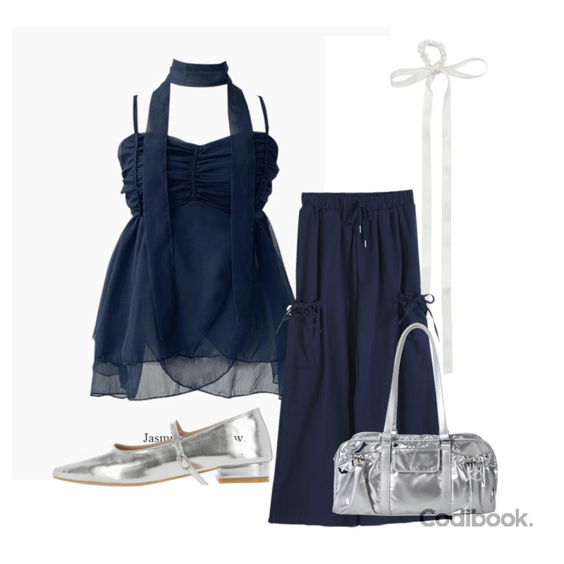 porterna 뮤즈 리본 헤어 타이,dangosister 슈가리본카고와이드PT(3c),JASMINBELL 프렌체 쉬폰 셔링 프릴 캉캉 머플러 초커 나시 블라우스 세트 투피스등을 매치한 코디