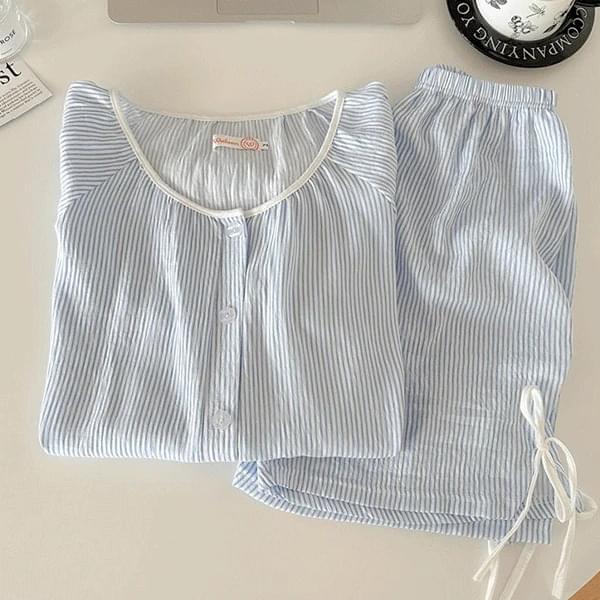 슬리핑 스트라이프 여름 반팔 잠옷 세트