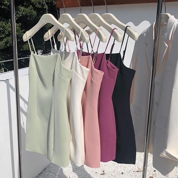 細肩帶小開衩迷你短洋裝