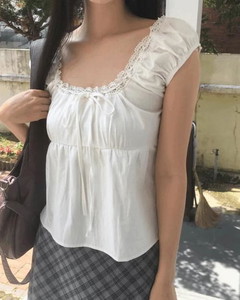 One Lace Ribbon Puff Sleeveless Short Sleeve Blouse