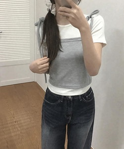 Yed Color Block Sleeveless Short Sleeve Two Piece Tee