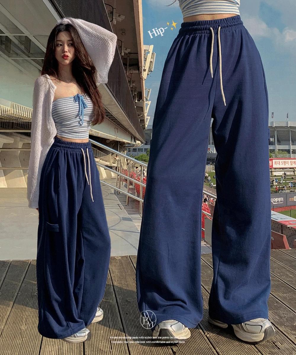 *Side hook point* High waist side pin tuck hook wide training pants banding strap Loose-fit sweatpants tall woman short woman