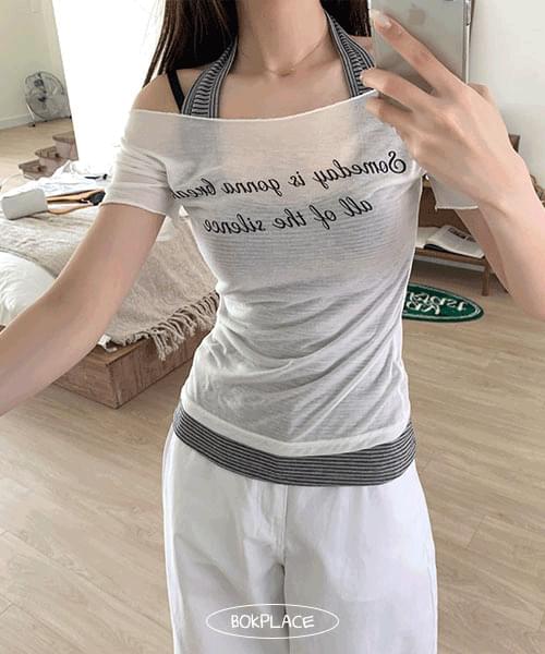 透視感字母印花可疊層短版T恤