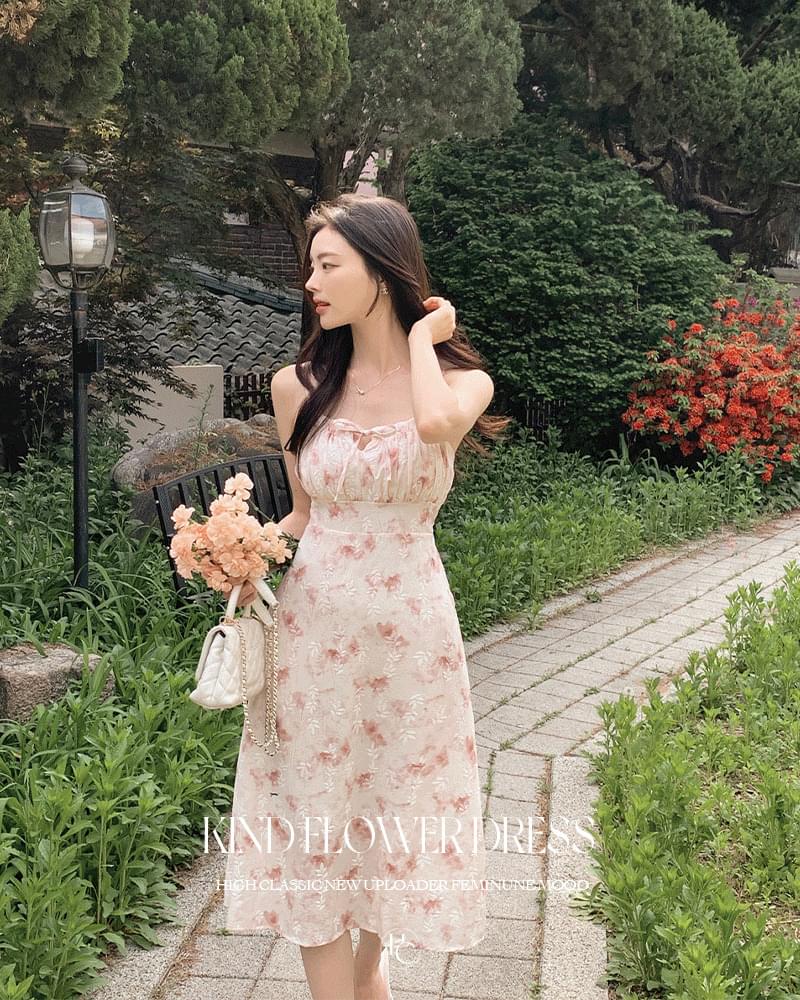 Kind flower pattern embossed adjustable straps smoke banding shirring tie-dye ribbon bustier flare A-line sleeveless long Dress 连身裙