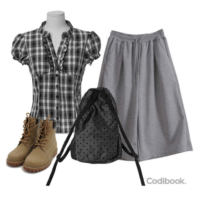 DAILYJOU 컴다운 레이스업 워커 부츠,EEZEE Pin-Tuck Wide Bermuda Pants PA014,anyonemore 이룬 도트 스트링 리본 샤틴 백팩 (2color)등을 매치한 코디