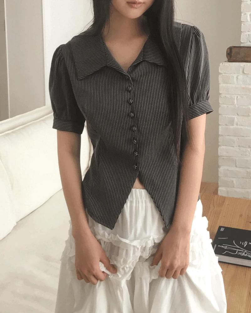 ユーズストライプパフカラー半袖ブラウス