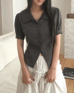 Use Stripe Puff Collar Short Sleeve Blouse