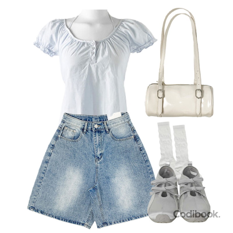 AAKE CREASE SOCKS (4color),binary01 루베니 새틴 리본 슈즈,anyonemore 델르 숏 버뮤다 워싱 데님 팬츠 (4color)등을 매치한 코디