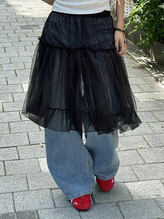 Big Size S-XL Lulubin Pumpkin Balloon Sheer Layered Banding Midi Skirt Skirt 裙子