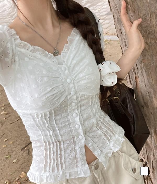 Lisha Lace Pintuck Punching Puff Off Short Sleeve Blouse