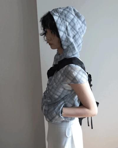 Plaid chiffon shirring zip-up