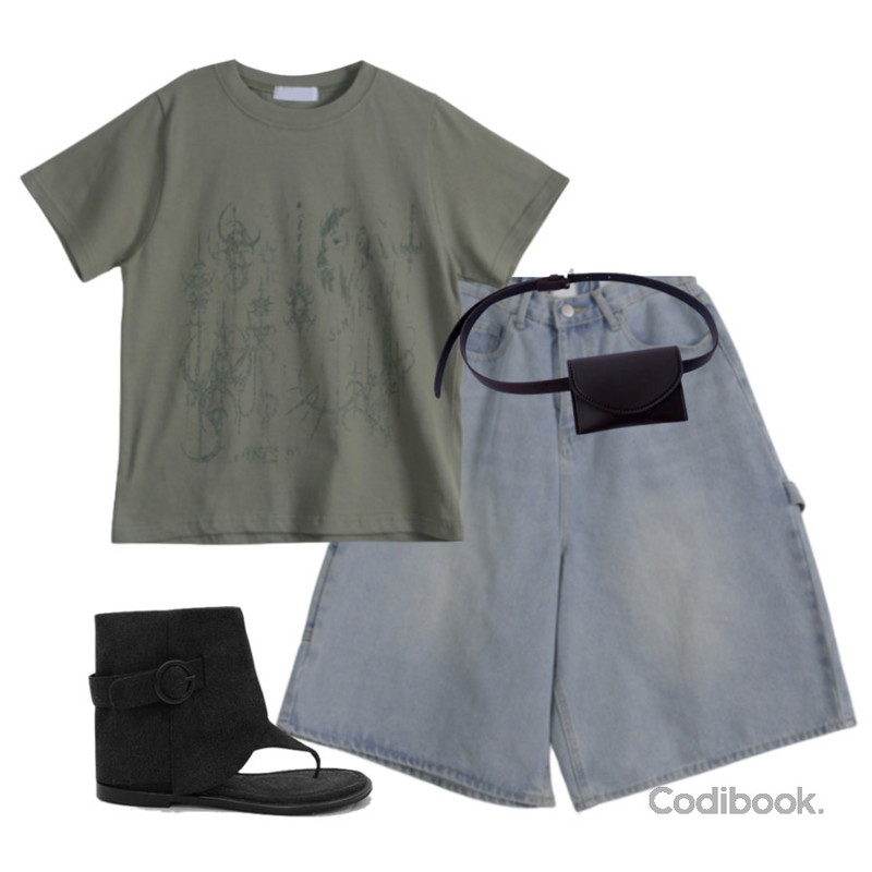 MAENIQUE 헤난 버클 썸머 린넨부츠,EEZEE Rectangle Wallet Belt AC001,EEZEE Printed Semi Crop Short Sleeve T-shirt TS022등을 매치한 코디