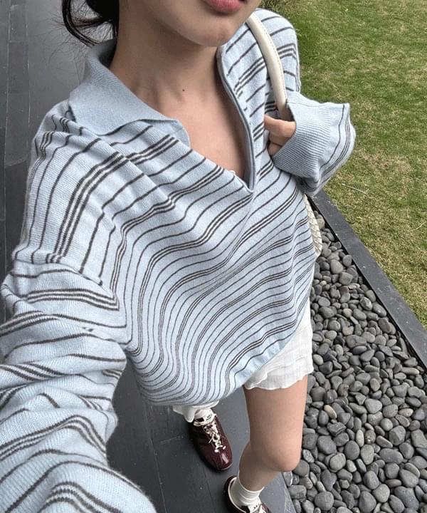Lyrical Stripe Pastel Collar Long Sleeve T-Shirt