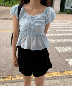 Real Angel Shoulder Puff Chest Shirring Silk Short Sleeve Blouse Off Shoulder 3 Color Summer Guest Look