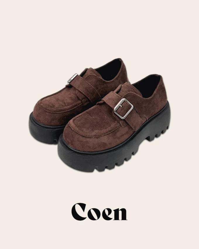 Coen belt buckle high heel suede matte leather loafers
