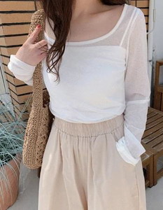 Shirring set cap built-in sleeveless & see-through shirring tee set