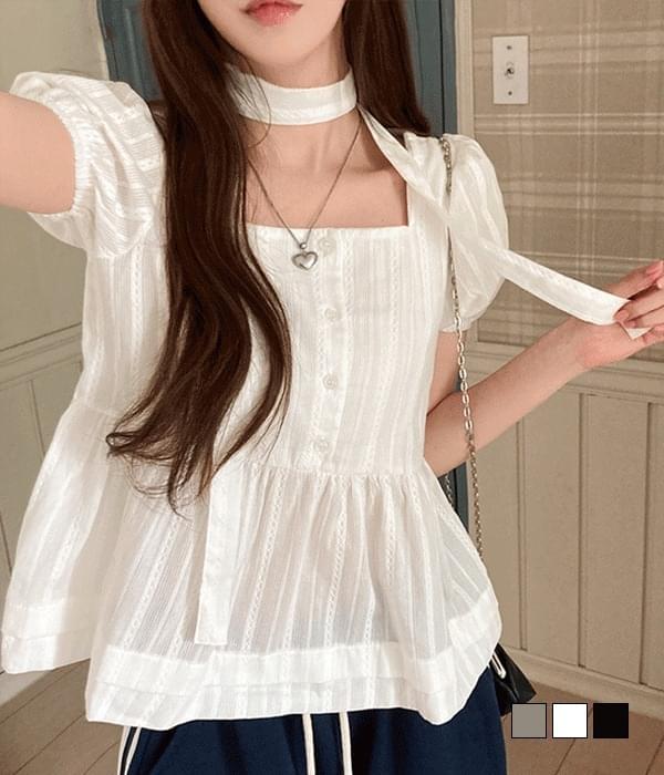 Foy Punching Flare Muffler Set Short Sleeve Blouse