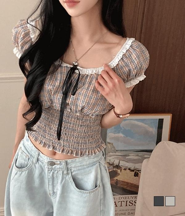 Dorothy Check Smoke Ribbon Lace Blouse