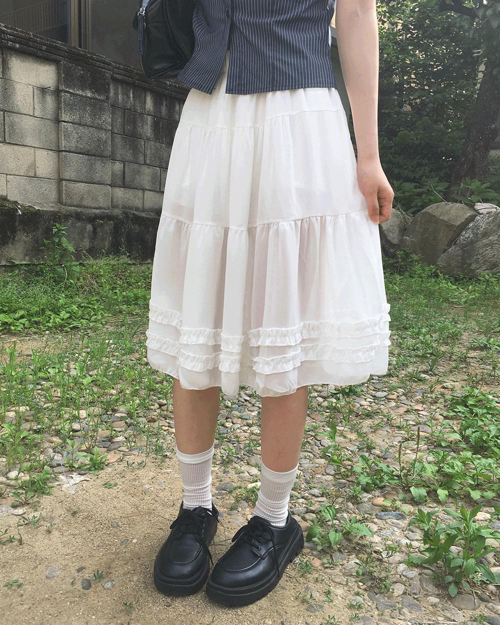 ユミンシースルーフリルレイヤードミディスカート (人気商品配送遅延)