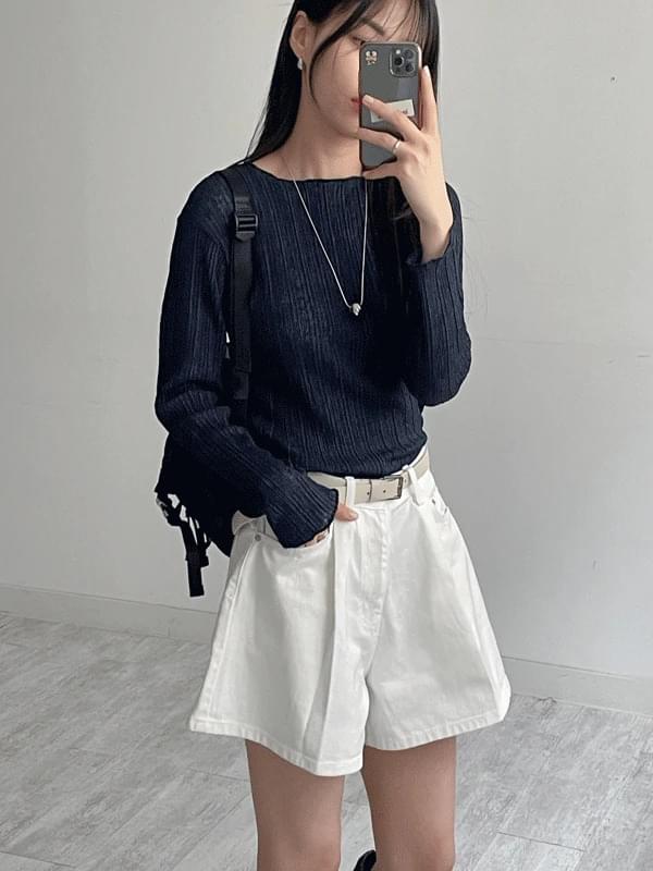 波模様プリーツシースルー長袖Tシャツ