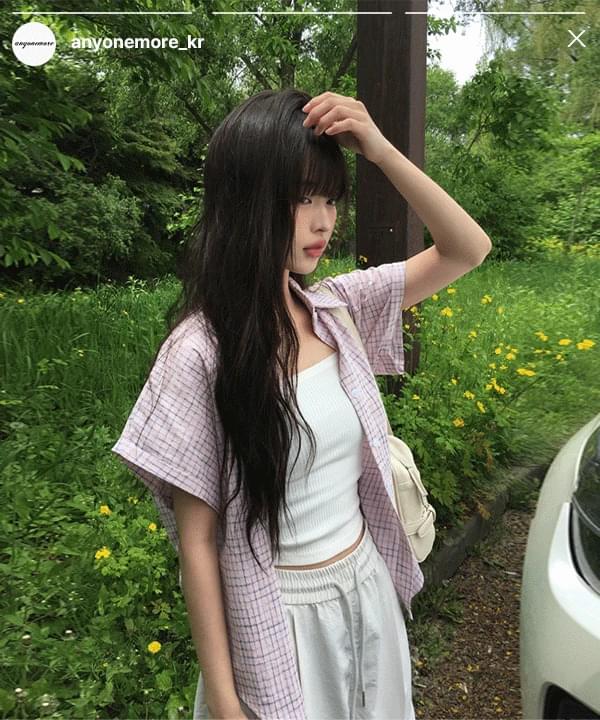 Right-wing roll-up check overfit short-sleeve shirt 短袖上衣
