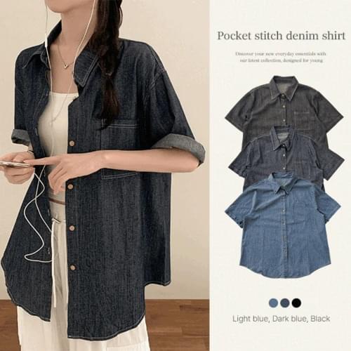 플러머 포켓 스티치 데님 반팔 셔츠 남방 (3color)