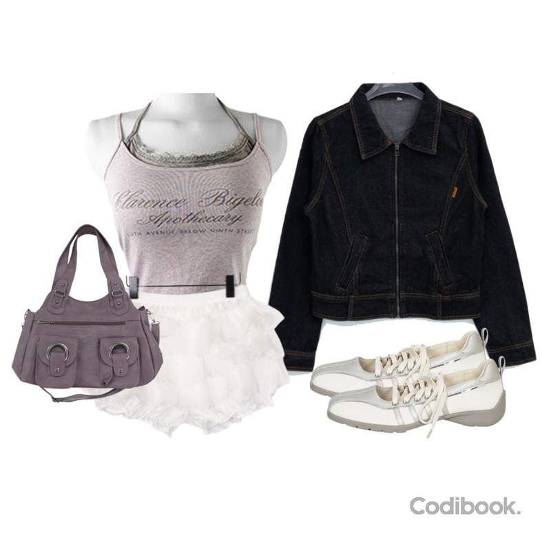 FloridaStudio 에브리데이 ED2422 베르그 레트로 스티치 레이스업 스니커즈,wonderwonder 리부 레이스 쉬폰 캉캉 스커트 팬츠,anyonemore 포션 레터링 레이스 홀터 레이어드 나시 (3color)등을 매치한 코디