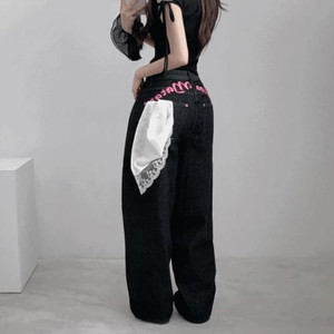 Vintage pink embroidered lettering rivet caper balloon denim pants
