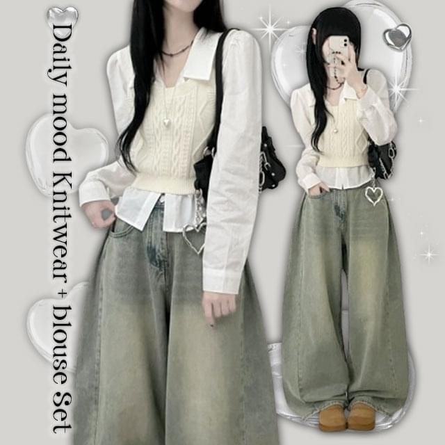 Square Twisted knitwear bustier + long sleeve puff shirt blouse set