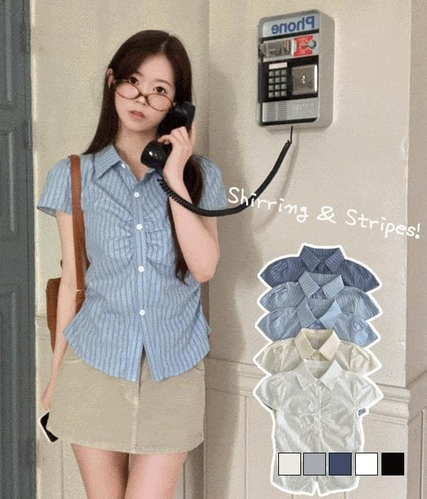 Charming side shirring collar stripe cap sleeve short sleeve shirt blouse