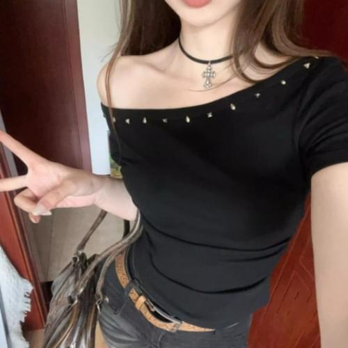 Stud shoulder short sleeve 2C off shoulder cotton t-shirt y2k hip mood (Ships Today)